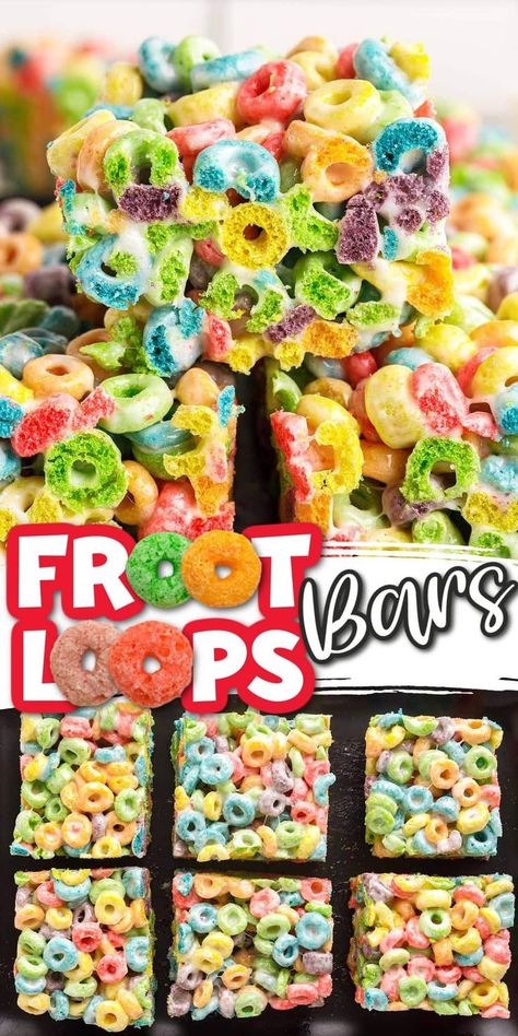 Fruit Loop Cereal Bars are a fun fruity twist on the classic Rice Krispie treats, easily made in minutes using only butter, marshmallows, and Froot Loops. Fruit Loop Treats, Cereal Treat Bars, Cereal Bars Homemade, Rainbow Recipes, Cereal Bars Recipes, Fruit Loops Cereal, Rainbow Snacks, Snacks Kids, Cereal Bar