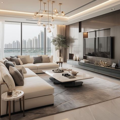 A sleek, modern TV wall unit adds a touch of sophistication to the apartment’s spacious living room. Lux Interior, Property Consultant, Modern Apartment Living Room, Apartment Deco, Luxury Living Room Decor, Tv Room Design, Apartment Living Room Design, Design Salon, Buy Property