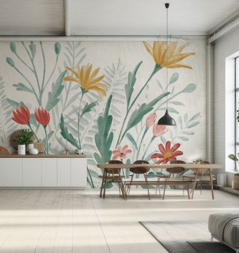 The Wildflowers Tamed premium wallpaper mural | Shop customized walls on wallism.com Flower Mural Bedroom, Flower Murals, Wildflower Mural, Farm Mural, Mural Inspiration, Floral Mural, Teachers Room, Premium Wallpaper, Basement Reno