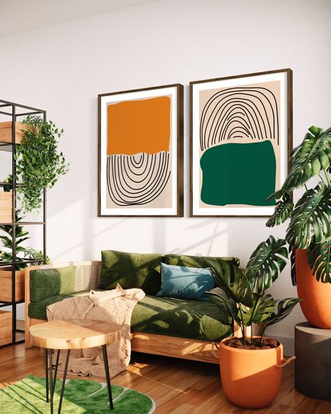 Small Apartment Living Room Green Couch, Green Retro Living Room, Orange And Green Mid Century, Green And Orange Artwork, Orange Home Decor Living Room, Green Gold Orange Living Room, Black Green Orange Living Room, Green And Orange Room Decor, Blue Green Orange Home Decor