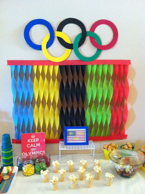 Olympic Decorations                                                                                                                                                                                 More Olympic Decorations, Beer Olympics Party, Olympic Party Decorations, Summer Olympics Party, Vbs Olympics, Office Olympics, Olympics Decorations, Olympic Theme Party, Olympic Idea