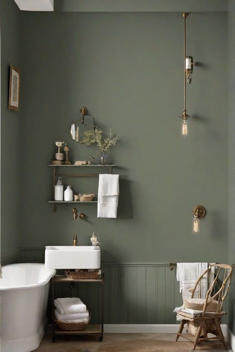 home decorating, home interior, interior bedroom design, living room interior Dark Sage Walls, Dark Green Bathroom Paint Colors, Earthy Bathroom Paint Colors, Dark Sage Bathroom, Bathroom Walls Paint, Sultry Bathroom, Guest Bathroom Paint Colors, Color For Bathroom Walls, Sage Wall Color