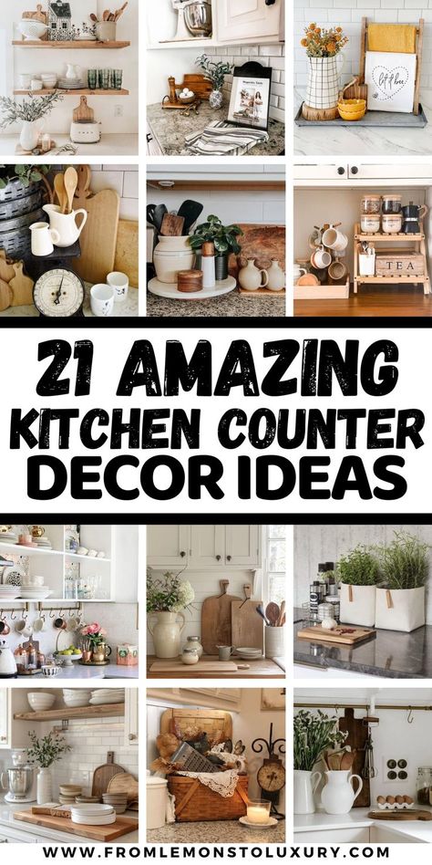 kitchen counter decor ideas Kitchen Counter Decor Modern Farmhouse, Kitchen Countertop Decorations, Kitchen Top Ideas Decor, Kitchen Counter Snack Display, Kitchen Tabletop Ideas, Kitchen Trays Countertops, Functional Countertop Decor, Kitchen Counter Tray Ideas, Kitchen Bar Counter Ideas Decor