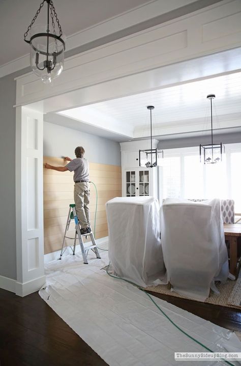 Shiplap Dining Room, Shiplap Ceiling, Interior Columns, Dining Room Walls, Ship Lap Walls, Room Remodeling, Farmhouse Dining, Dining Room Design, Dining Room Decor