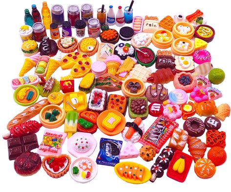 PRICES MAY VARY. SUPER VALUE ——100pcs miniature food toys set come with different style mini food, nclude: food, beverage bottles, beverage cans, burgers, French fries, cakes, milk tea, bread, chocolate, ice cream, milk, beverages and more. Enough quantity and style offers you starting pretend food play,help to relieve stress, develop creativity and imagination, bringing you lots of fun. SAFE MATERIAL——Made of high quality resin,hand-painted with exquisite details.Mixed Color and Mixed Shaped by Kids Kitchen Accessories, Hamburger Pizza, Ice Cream Bread, Tea Bread, Play Kitchen Accessories, Pizza Cake, Barbie Doll Set, Pretend Food, Drinks Bottle