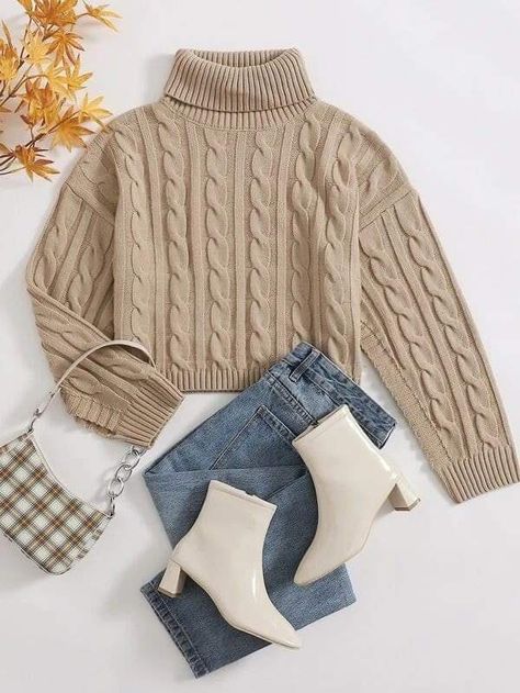 Korean Fashion Dress Casual, Cable Knit Turtleneck, Fashion Sketches Dresses, Trendy Dress Outfits, Knit Turtleneck, Crop Sweater, Fashion Attire, Fashion Dresses Casual, Simple Trendy Outfits