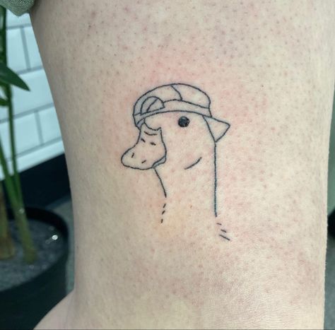 Duck With Hat Tattoo, Cute Goose Tattoo, Silly Animal Tattoos, Cardigan Tattoo, Small Funny Tattoos, Silly Goose Tattoo, Goose Tattoos, Banksy Tattoo, Dumbest Tattoos