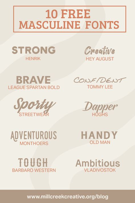 List of 10 free masculine fonts. Tattoo Fonts Masculine, Masculine Lettering Fonts Alphabet, Masculine Calligraphy Fonts, Masculine Typography Design, Masculine Cursive Font, Masculine Font Combinations, Manly Fonts Free, Masculine Cricut Fonts, Manly Fonts Alphabet