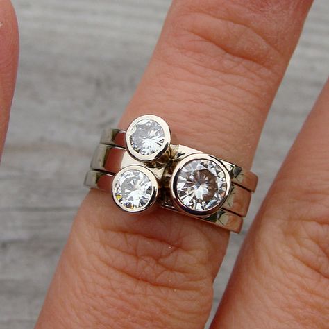 Moissanite and recycled 14k white gold stacking rings | Flickr Ring Redesign Before And After, Right Hand Rings For Women, Right Hand Diamond Rings, Gold Stacking Rings, Unique Fashion Jewelry, Everyday Jewellery, Diamond Rings Design, Diamond Stacking Rings, Right Hand Rings