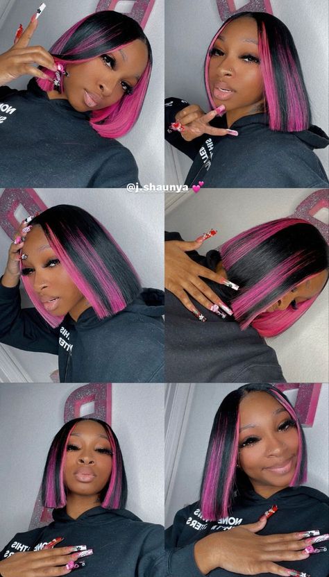 Color Wig Bob Hairstyles Black Women, Black Bob With Pink Highlights, Pink And Black Bob Black Women, Red And Black Bob Black Women, Middle Part Bob With Color, Peekaboo Quick Weave Bob, Colorful Bobs For Black Women, Quick Weave Bob With Color, Color Bob Black Women