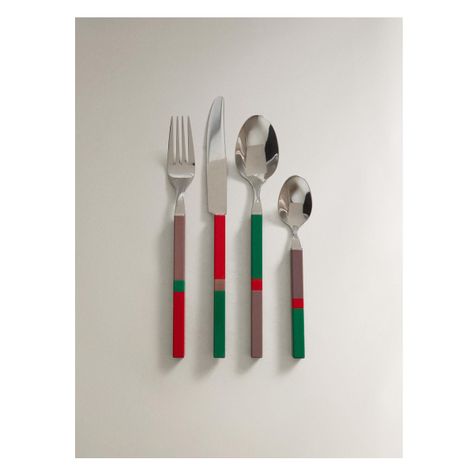 Set of flatware comprising a fork, knife, spoon and dessert spoon made of stainless steel featuring colored resin handles with a color block design. Set of 4. Lucinda Chambers and Serena Hood founded Collagerie after a solid track record in the fashion industry. They offer a careful selection of fashion, beauty, home and lifestyle products, highlighted by their creative approach and sophisticated aesthetic. Each item is personally selected by the founders, ensuring each piece reflects both conte Cute Silverware, Lucinda Chambers, Cutlery Sets, Bathroom Cleaning, Block Design, Flatware Set, Clean Laundry, Design Set, Cutlery Set