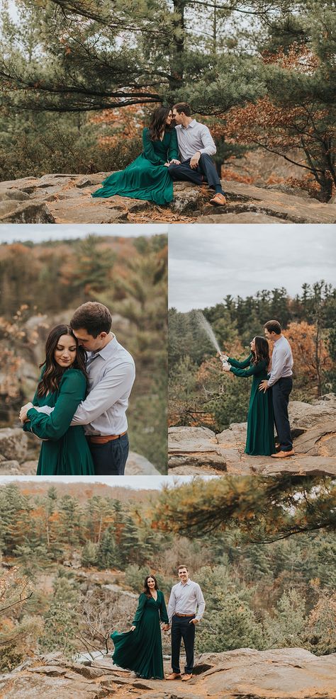 Family Photo Outfits Fall Green, Dress For Engagement, Foto Pertunangan, Fall Engagement Shoots, Engagement Photo Outfits Fall, Fall Green, Fall Engagement Pictures, Engagement Picture Outfits, Emerald Green Dress