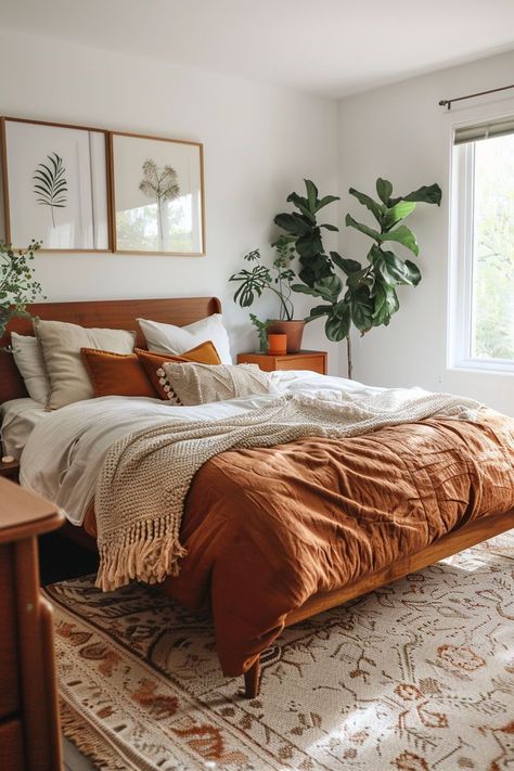 Bed Top Wall Decor, Different Apartment Decor Styles, Modern Earth Tones Interior Design, Platform Bed Inspiration, Cozy Boho Home Decor, Relaxing Small Bedroom Ideas, Vintage Bedroom Furniture Ideas, Cozy Calm Bedroom, Spring Bedroom Aesthetic