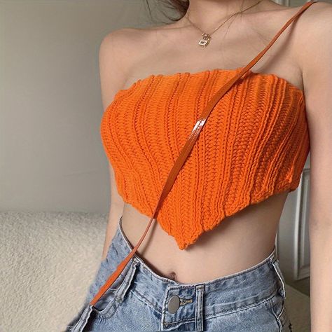 Faster shipping. Better service Crop Top And Sweatpants, Knit Bandeau, White Vintage Dress, Long Sleeve Mesh Dress, Bandeau Tops, Bandeau Crop Top, Orange Tank Top, Hanky Hem, Fashion Design Dress