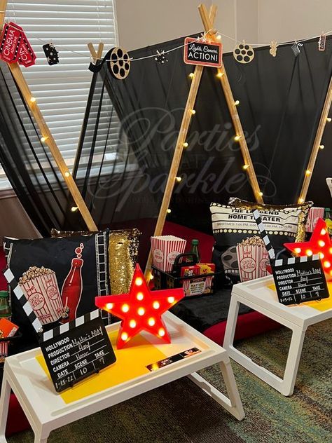 Double digits with these super fun 10th birthday party ideas! Movie Theme Slumber Party, Teepee Movie Night, Slumber Party Movie Night, Movie Night Teepee Party, Movie Theme Sleepover Ideas, A Night At The Movies Theme, Boys Movie Night Birthday Party, Movie Night Birthday Party Decorations, Movie Slumber Party Ideas