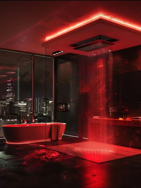 Red Theme, Dream Life House, Dark Home Decor, Bathroom Red, Dark Home, Bed Bedroom, Furniture Luxury, Red Rooms, Furniture Modern