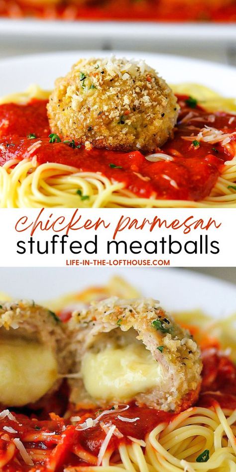 Chicken Parmesan Stuffed Meatballs will quickly become a dinner time favorite. The surprise cheesy center will have everyone asking for more! Chicken Cheese Meatballs, Surprise Dinner Ideas, Spaghetti Stuffed Meatball Recipe, Cheesy Chicken Meatballs, Chicken Parmigiana Meatballs, Chicken Parmesan Meatballs Recipe, Stuffed Meatball Recipes, New Recipes 2023, Chicken Meatball Dinner