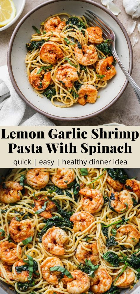 Lemon Garlic Shrimp Pasta With Spinach | Walder Wellness, RD Shrimp And Spinach Recipes, Lemon Shrimp Pasta, Lemon Garlic Shrimp Pasta, Pasta With Spinach, Garlic Shrimp Pasta, Lemon Garlic Shrimp, Shrimp Recipes Healthy, Shrimp Recipes For Dinner, Lemon Pasta