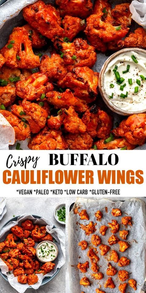 These Crispy Buffalo Cauliflower Wings are easy to make in the oven and air fryer and come out super crispy and delicious you get from fried buffalo chicken wings. They are the perfect low carb, keto and paleo comfort food and make the perfect healthy snack, side and appetizer for Super Bowl Sunday and all your game day parties! These air fried cauliflower bites are a must for Super Bowl or any big game day. #lowcarb #keto #vegan #superbowl #airfryer #cauliflower #buffalo Airfryer Cauliflower, Vegan Superbowl, Buffalo Cauliflower Recipes, Buffalo Cauliflower Bites, Cauliflower Wings, Keto Vegan, Buffalo Cauliflower, Idee Pasto, Cauliflower Bites