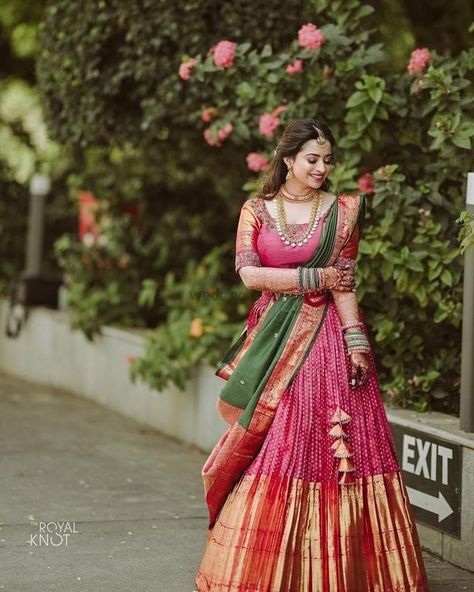 Of Beauty & Grace: South Indian Bridal Saree Draping Styles | WeddingBazaar South Indian Haldi Look, Half Saree Dupatta, Pattu Lehanga Designs, Bridal Saree Draping, Simple Dupatta, Half Saree Designs South Indian, South Indian Bridal Saree, Langa Voni Half Saree, Dupatta Draping Styles