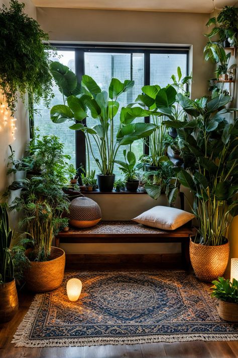 low light plants in a meditation room with no sunlight Meditation Porch Ideas, Lighting For Plants Indoor, Zen Plants Indoor, Plant Nook Ideas, Meditation Nook Small Spaces, Small Meditation Corner In Bedroom, Bedroom With Plants Aesthetic, Bedroom Plants Aesthetic, Small Meditation Corner