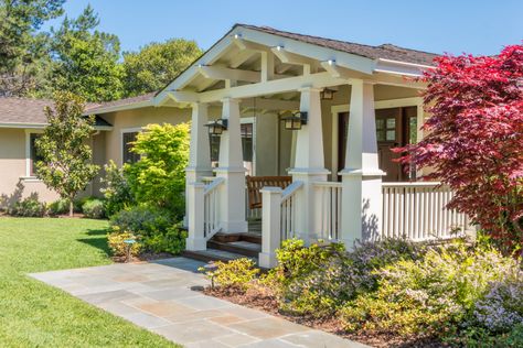 Craftsman Style Front Porch Decor, Craftsman Front Porch Decor, Front Porch Add On, Craftsman Portico, Ranch To Craftsman, Craftsman Porch Railing, Craftsman Porch Columns, Craftsman Front Porch Ideas, Craftsman Style Front Porch