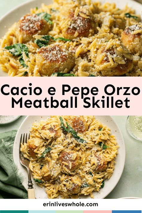 Enjoy the cheesy flavors of the classic Italian dish with this delicious Cacio e Pepe Chicken Meatball Skillet recipe. Made with lots of pecorino romano, this cheesy dish features chicken meatballs served atop a bed of creamy orzo. Turkey Meatball Orzo, Chicken Meatballs And Orzo, Meatball Skillet, Spinach Bread, Creamy Orzo, Chicken Meatball, Chicken Meatball Recipes, How To Cook Meatballs, Chicken Orzo