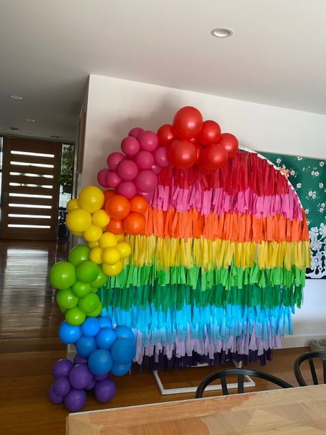 Rainbow Fringe Backdrop, Arch Balloon Garland, Backdrop Fringe, Rainbow Balloon Arch, Pride Celebration, Rainbow Fringe, Arch Balloon, Rainbow Backdrop, Trolls Party