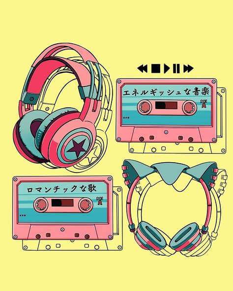 A cute girly print with mixtapes and cool headphones, for t-shirt, hoodie, stickers, mug, poster, phone and laptop skin, and other popular products. A great choice for people who love music or just colorful prints. Keywords: cassette, tape, rock,  pop, indie, audio, DJ, sound, anime, manga, Japanese style, Tokyo, kawaii, otaku, gamer, retro, 80s, vintage, kpop, jpop, jrock 80 Art 80s Style, Dj Drawing Reference, Indie Pop Music Aesthetic, Retro Gamer Aesthetic, Mixtape Illustration, Headphones Aesthetic Drawing, Headphones Illustration, Cool Headphones, Retro Headphones