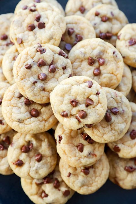 Soft and Chewy Mini Chocolate Chip Cookies | Cake 'n Knife Chocolate Chip Cookies Cake, Mini Chocolate Chip Cookies, Frozen Cookie Dough, Chocolate Chip Cookie Cake, Dark Chocolate Cookies, Cookies Cake, Mini Cookies, Mini Chocolate Chips, Baking Sheets