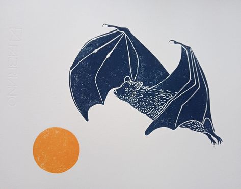 "Linocut print Bat hunting, on high quality Fabriano Rosapina 220givory paper. Illustration taken from my project \"Où la nuit me porte\". This linocut can be used as a wall decoration, why not combined with other illustrations.  I manually print each copy, so each is unique with slight variations in color. There are 40 copies signed by hand in pencil. Format 23 x 30 cm. They are sold unframed.  I draw my project directly on the linoleum and the grave using gouges. Then I roll a water-based ink Linocut Art, Relief Print, Art Et Illustration, Art And Illustration, Nature Wall, Lino Print, Nature Wall Art, Woodblock Print, Linoleum