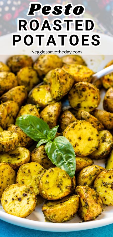 Pesto Roasted Potatoes are a delicious side dish you can enjoy hot or cold. First small sliced yellow potatoes are coated with pesto and baked until tender. Then they're tossed in additional pesto for even more fresh and zesty flavor. So delicious and easy to make! Ham Dinner Side Dishes, Roasted Red Skin Potatoes, Roasted Baby Red Potatoes, Oven Roasted Red Potatoes, Greek Lemon Potatoes, Red Potato Recipes, Pesto Potatoes, Roasted Red Potatoes, Oven Roasted Potatoes