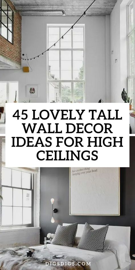 Highlight double-height walls with dramatic decor. Large-scale art bold wallpapers or architectural features can define the space. Use lighting or tall furniture to emphasize the verticality and enhance the room’s grandeur. Tall Wall Decor Ideas, Small Glam Living Room, Dramatic Decor, Tall Wall Decor, Cool Chandeliers, Tall Furniture, Industrial Home Offices, Large Gallery Wall, Bright Rugs