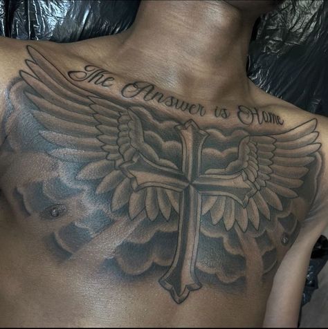 Fear God Chest Tattoo, Men's Tattoo Ideas Chest, Black Men Chest Tattoos, Cross Chest Tattoo Men, Chest Tattoo Men Ideas Black Man, Chest Tattoo Clouds, Chest Tattoo Sketches, Arm Tattoos Black, African Tattoo