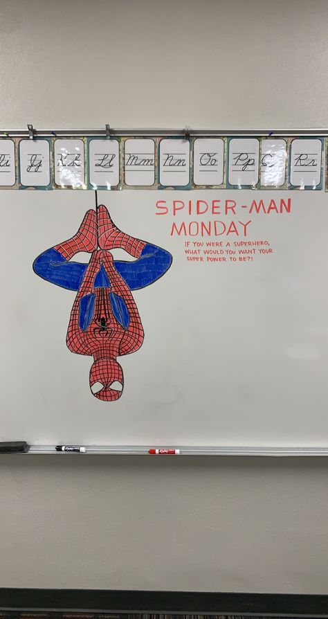 Spider Man Whiteboard Drawing, Monday Whiteboard Ideas, White Board Writing Prompts, Monday Whiteboard, Monday Morning Message, Whiteboard Activities, Whiteboard Prompts, Classroom Whiteboard, Whiteboard Messages