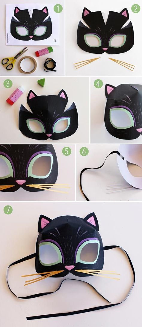 Katzenmaske basteln mit Vorlage zum ausdrucken Animal Mask Templates, Printable Animal Masks, Mascaras Halloween, Mask Template, Printable Animals, Paper Mask, Cat Mask, Animal Masks, Cat Crafts