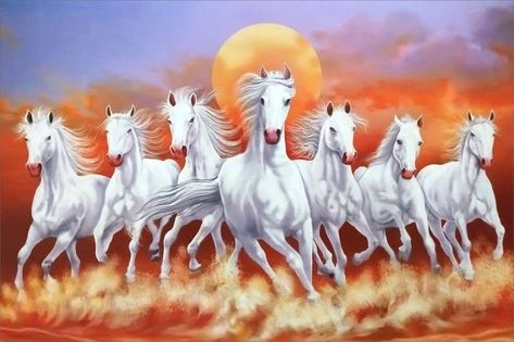 Horse Running Drawing, 7 Running Horses, 7 Horses Running Painting Vastu Wallpaper, Seven Horses Painting, 7 Horses, Colorful Horse Painting, Horse Canvas Painting, Horse Wall Art Canvases, Horses Running