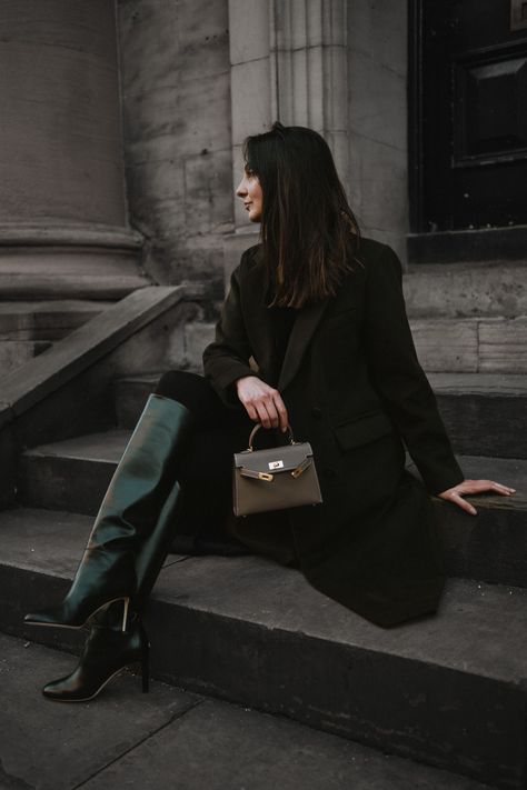 Green Boots Outfit, Green Bag Outfit, Mini Kelly Bag, Chic Winter Outfit, Dark Green Coat, Mini Kelly, Chic Winter Outfits, Harris Wharf London, Green Boots