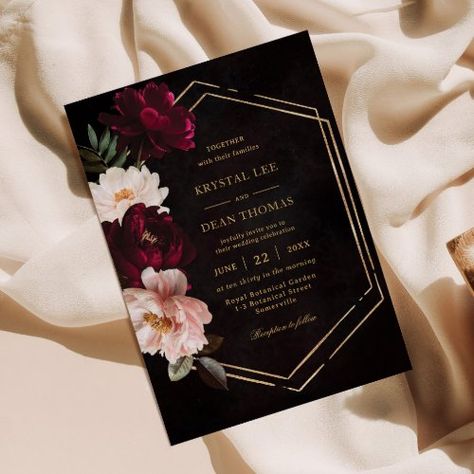 $1.98 | Moody Burgundy Blush Pink Floral Peonies Wedding #printed budget wedding invitation cards, luxe classic wedding invites envelopes, winter autumn fall spring summer, simple boho bohemian rustic, simple elegance digital file, burgundy blush pink floral peonies, dramatic moody dark decadent, realistic real life, gothic boho flowers roses, elegant timeless chic gold geometric Classic Wedding Invites, Alaskan Wedding, Peony Wedding Invitations, Gothic Boho, Peonies Wedding, Bohemian Rustic, Budget Wedding Invitations, Summer Wedding Invitations, Wedding Anniversary Invitations