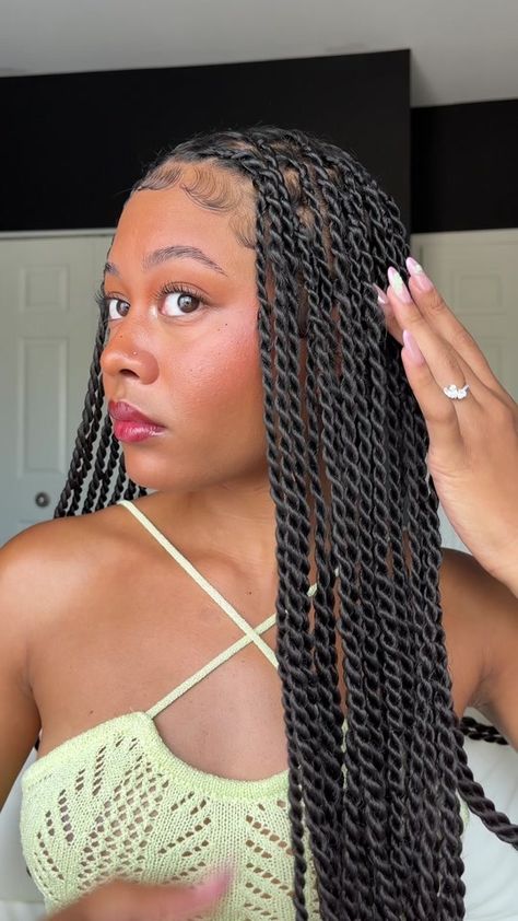 (3)large scrunchies hold a special place in my heart 🤍🧚🏽 #hairstyle #s... | Senegalese Twists | TikTok Twist With Braids Hairstyles, Medium Sized Senegalese Twists, Hairstyles For Senegalese Twist, Sinaglease Twist, Senaglese Twist Curly Ends, Large Senegalese Twist Long, Distressed Twists, Small Senegalese Twist With Curly Ends, Black Girls Twist Hairstyles