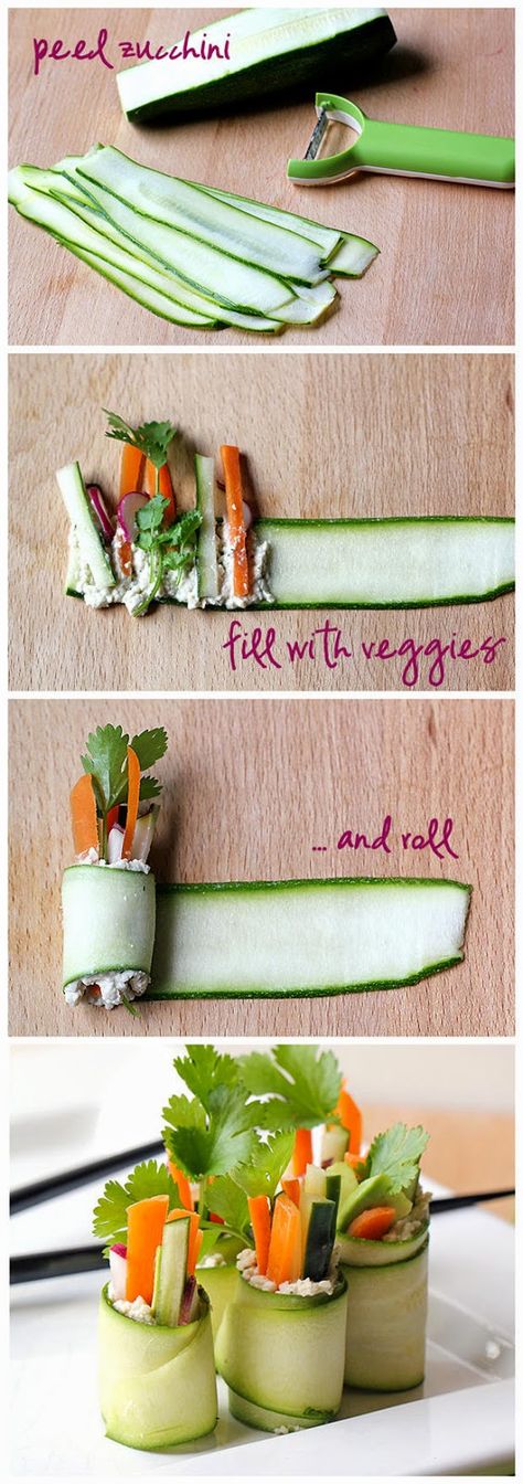 Roll up your salad into raw zucchini "sushi" rolls. Fresh and delicious! Zucchini Sushi, Yummy Appetizers Parties, Raw Zucchini, Sushi Roll, Party Appetizers, Sushi Recipes, God Mat, Snacks Für Party, Sushi Rolls