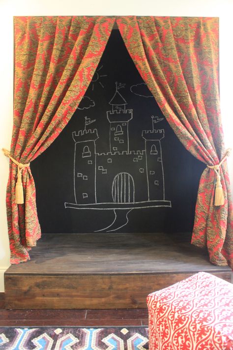 What little kid doesn't want a stage to perform on?! Set changes are made extra easy with a chalkboard background. www.lanestuart.com Kids Play Stage, Playroom Stage, Playroom Closet, Chalkboard Wall Bedroom, Kids Stage, Basement Playroom, Kids Theater, Chalkboard Background, Chalkboard Wall