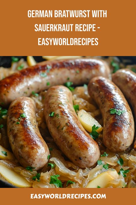 Bratwurst with Sauerkraut and Apples is a traditional German dish combining savory bratwurst sausages with tangy sauerkraut and sweet apples for a comforting, one-pan meal. German Bratwurst And Sauerkraut, Brats And Sauerkraut Skillet, Baked Brats And Sauerkraut, Beef Bratwurst Recipes, German Bratwurst Dinner, German Meatballs With Sauerkraut, Bratwurst Sauerkraut Recipes, German Meat Dishes, Brats And Sauerkraut Crockpot