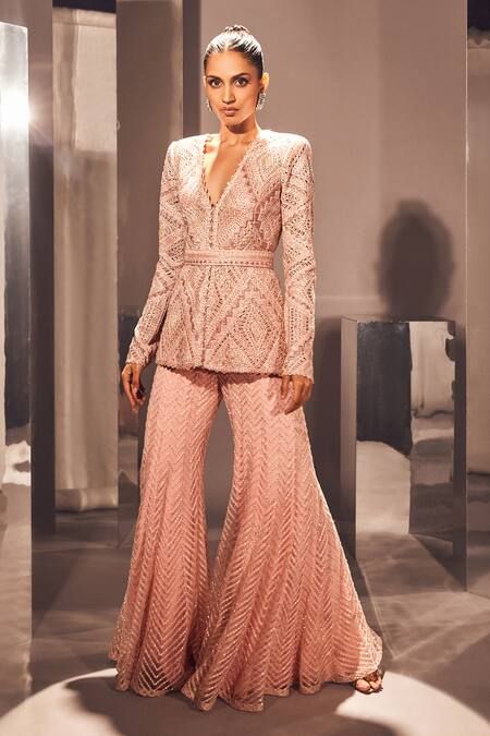 Buy Pink Net Embellished Crystal V Neck Caria Cutwork Kurta With Sharara For Women by Ritika Mirchandani Online at Aza Fashions. Cocktail Sharara, Sharara For Women, Ritika Mirchandani, Kurta With Sharara, Suits For Women Indian, Pleated Saree, Sharara Pants, Angrakha Style, Kurta Sharara