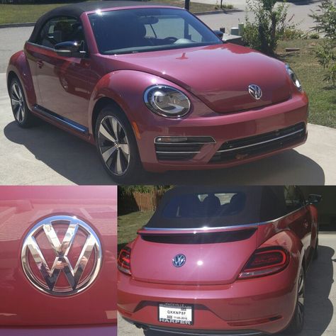 Pink Vw Beetle Convertible, Pink Convertible Beetle, Vw Bug Aesthetic, Red Beetle Car, Car Stuff Accessories, Vw Beetle Interior, Beetle Decor, Red Vw Beetle, Pink Vw Beetle