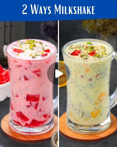 Reshu Drolia on Instagram: "2 Ways Milkshakes 😋 jise bache aur bade sabhi is summer mein pasand karenge ....
Comment ACHI BANI HAI..

Ingredients:
•	1 Liter of milk
•	2-3 tablespoons of custard powder

For Fruit Milkshake:
•	Prepare custard milkshake
•	1/3 cup powdered sugar
•	2-3 tbsp sabja seeds
•	2 tbsp Chopped mango
•	4-5 pc Chopped banana
•	1 tbsp green grapes
•	1 tbsp Black grapes
•	1 tbsp Pomegranate

For Garnish:
•	Chopped nuts
•	Strawberry jelly

For Rose Milkshake:
•	Prepared custard milkshake
•	3-4 tbsp vermicelli
•	2-3 tbsp Sabja seeds
•	Rose syrup
•	90 grams of strawberry jelly powder
•	500 ml of hot water

For Garnish:
•	Vanilla ice cream
•	Strawberry jelly

#milkshakes #refreshing #summerdrinks  #recipes #reels #ReelsIndia" Custard Milkshake, Sabja Seeds, Fruit Milkshake, Falooda Recipe, Rose Syrup, Strawberry Jelly, Custard Powder, Mint Recipes, Black Grapes