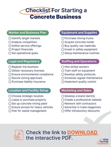 How to Start a Concrete Business Checklist Opening A Business Checklist, Setting Up A Business Checklist, Starting A New Business Checklist, Checklist For Starting A Business, Business Start Up Checklist Entrepreneur, Sole Proprietorship, Liability Insurance, Unique Selling Proposition, Concrete Contractor