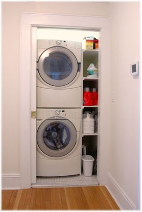 Turn your empty closet into something magical with these ideas Laundry Cupboard, Laundry Room Storage Shelves, Small Laundry Room Organization, Room Storage Diy, Stackable Washer And Dryer, Laundry Room Closet, Vintage Closet, Laundry Closet, Small Closet Organization