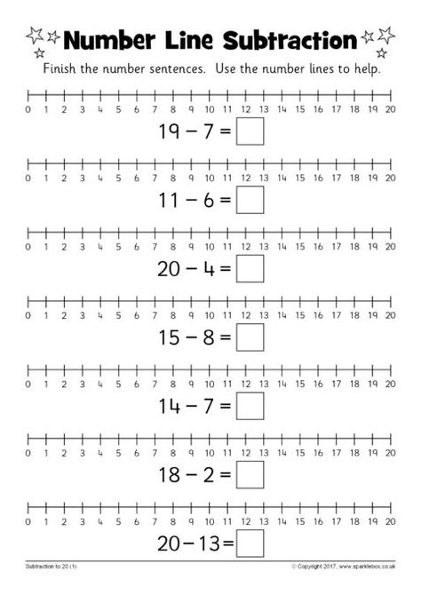 Number Line Subtraction Worksheets (SB12219) - SparkleBox Adding Using A Number Line, Numberline Addition Kindergarten, Addition Using Number Line Worksheet, Addition On Number Line Worksheet, Addition Number Line Worksheets, Addition With Number Line, Number Line Addition Worksheet, Number Line Addition, Number Line Subtraction