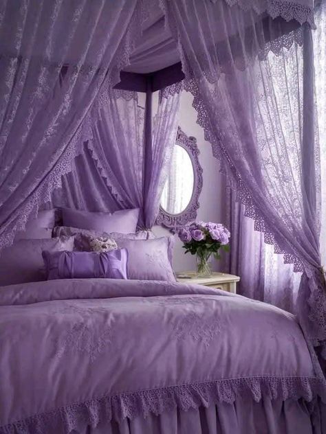 Purple Aesthetic Bedroom, Hello Kitty Bedroom, Purple Bedroom, Purple Shades, Dreamy Bedrooms, Rich Purple, Canopy Bed, All Things Purple, Cute Room Decor